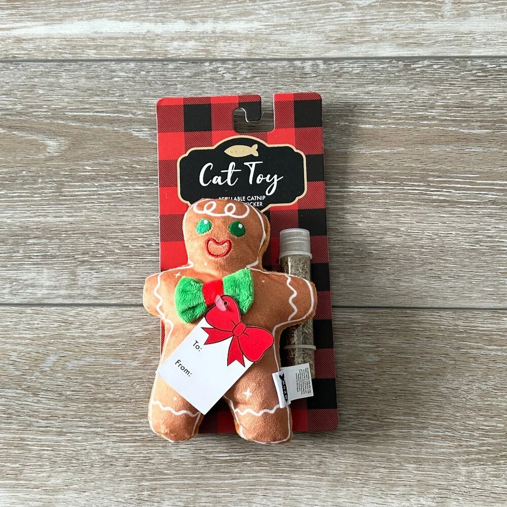 NWT Gingerbread Man Cat Toy Refillable Catnip Stuffed Kicker Cute!